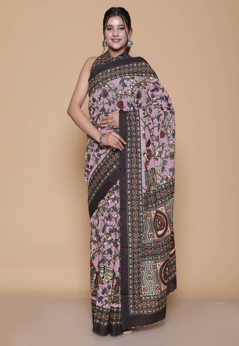 Kalamkari printed pure cotton ethnic pink saree for woman