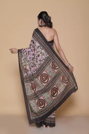 Kalamkari printed  cotton ethnic pink saree for woman