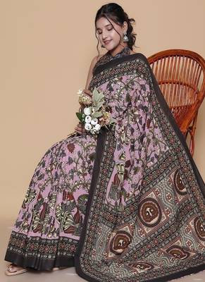 Kalamkari printed  cotton ethnic pink saree for woman 4