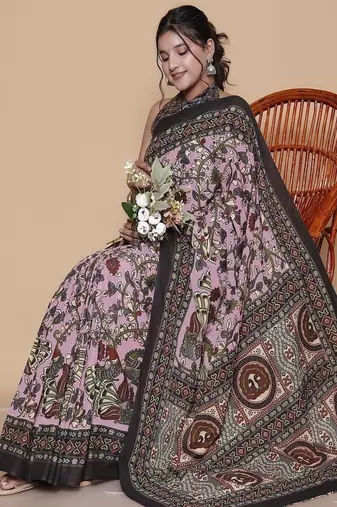 Kalamkari printed  cotton ethnic pink saree for woman