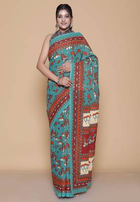 Kalamkari printed  cotton ethnic teal saree for woman 1