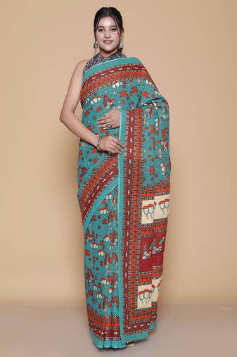 Kalamkari printed pure cotton ethnic teal saree for woman