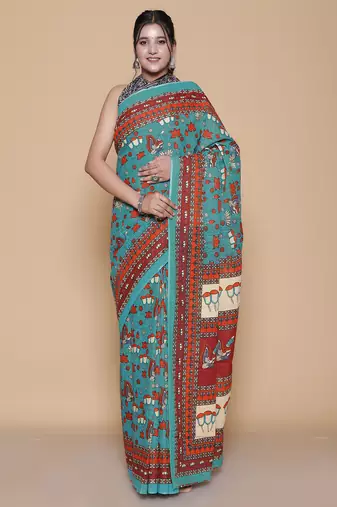 Kalamkari printed pure cotton ethnic teal saree for woman