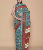 Kalamkari printed pure cotton ethnic teal saree for woman