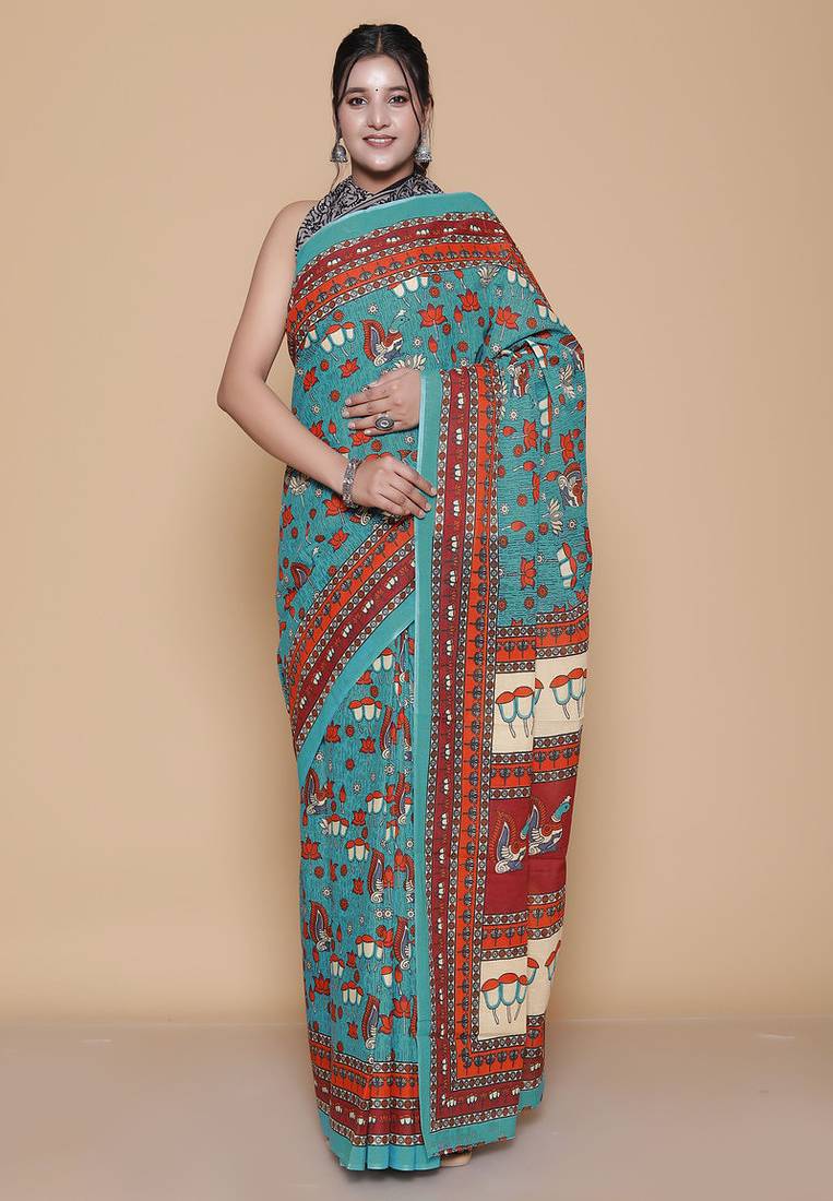 Kalamkari printed pure cotton ethnic teal saree for woman