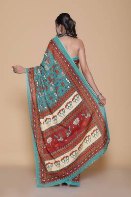 Kalamkari printed  cotton ethnic teal saree for woman 2