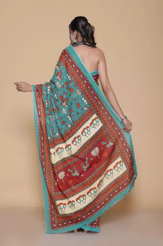 Kalamkari printed  cotton ethnic teal saree for woman