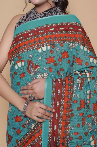 Kalamkari printed  cotton ethnic teal saree for woman