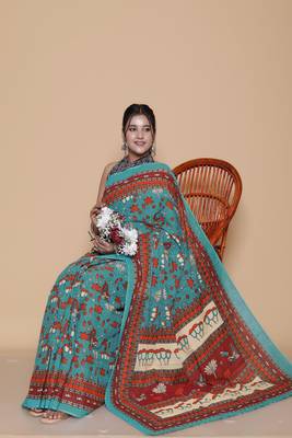 Kalamkari printed  cotton ethnic teal saree for woman 4