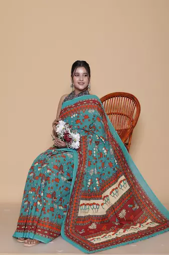Kalamkari printed  cotton ethnic teal saree for woman