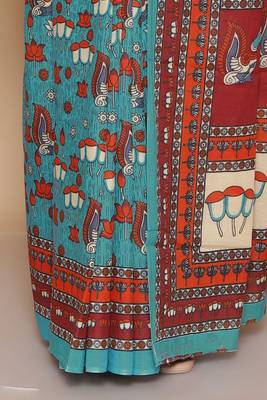 Kalamkari printed  cotton ethnic teal saree for woman 5