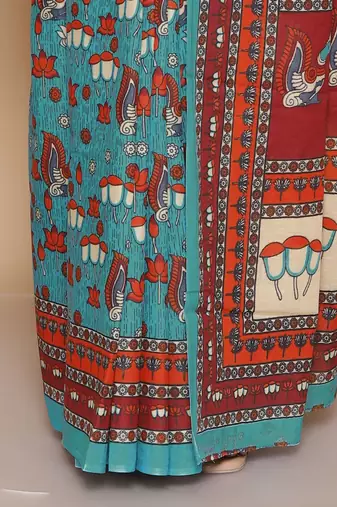 Kalamkari printed  cotton ethnic teal saree for woman