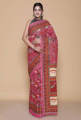 Kalamkari printed  cotton ethnic pink saree for woman 1