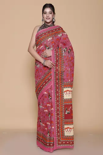 Kalamkari printed pure cotton ethnic pink saree for woman