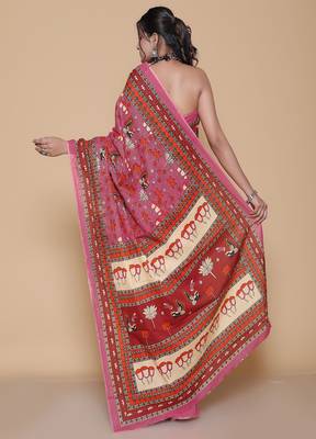 Kalamkari printed  cotton ethnic pink saree for woman 2