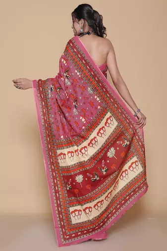 Kalamkari printed  cotton ethnic pink saree for woman