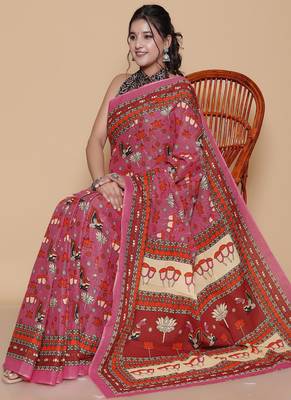 Kalamkari printed  cotton ethnic pink saree for woman 4