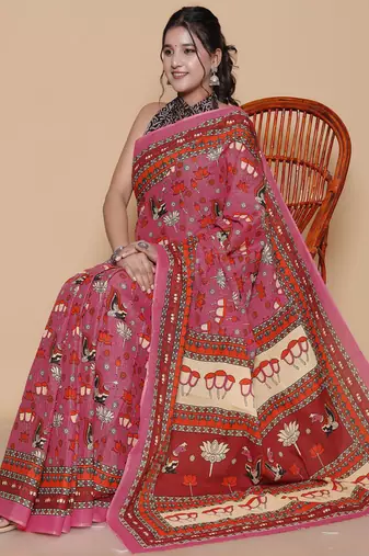 Kalamkari printed  cotton ethnic pink saree for woman