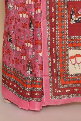 Kalamkari printed  cotton ethnic pink saree for woman 5