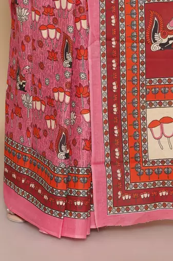 Kalamkari printed  cotton ethnic pink saree for woman