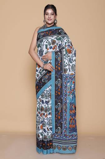 Kalamkari printed pure cotton ethnic sky blue saree for woman
