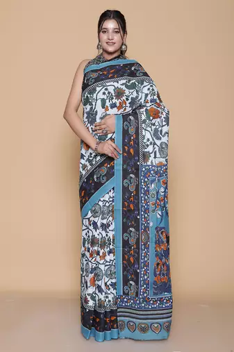Kalamkari printed pure cotton ethnic sky blue saree for woman