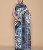 Kalamkari printed pure cotton ethnic sky blue saree for woman
