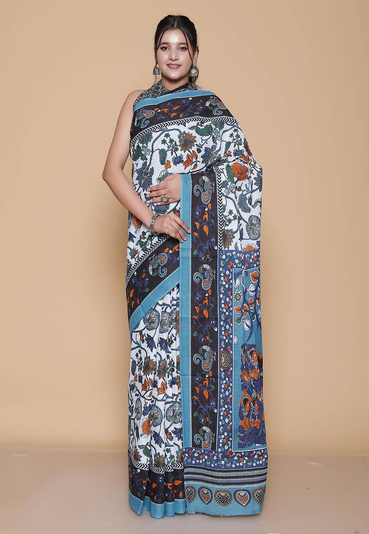 Kalamkari printed pure cotton ethnic sky blue saree for woman