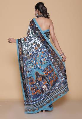 Kalamkari printed  cotton ethnic sky blue saree for woman 2
