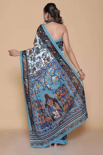 Kalamkari printed  cotton ethnic sky blue saree for woman