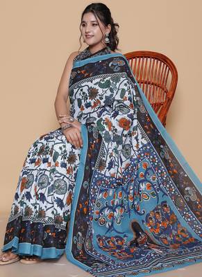 Kalamkari printed  cotton ethnic sky blue saree for woman 4