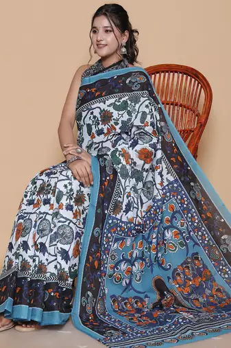 Kalamkari printed  cotton ethnic sky blue saree for woman