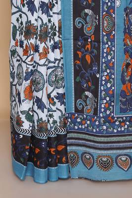 Kalamkari printed  cotton ethnic sky blue saree for woman 5