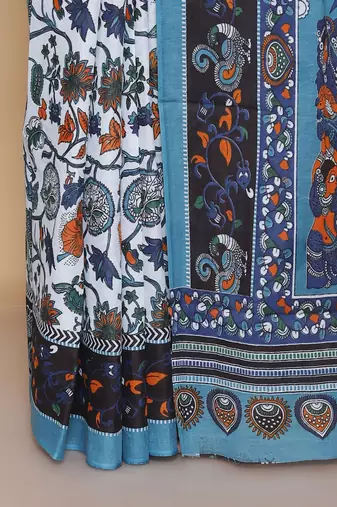 Kalamkari printed  cotton ethnic sky blue saree for woman