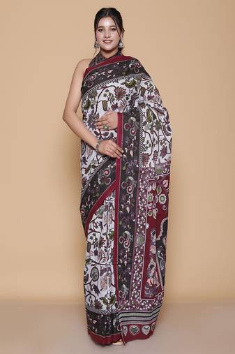 Kalamkari printed pure cotton ethnic light grey saree for woman