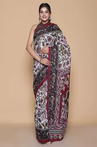 Kalamkari printed pure cotton ethnic light grey saree for woman