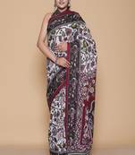 Kalamkari printed pure cotton ethnic light grey saree for woman