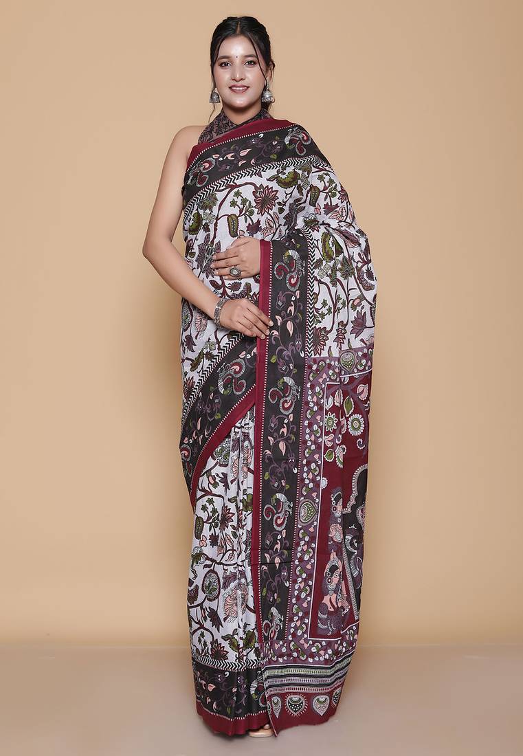 Kalamkari printed pure cotton ethnic light grey saree for woman