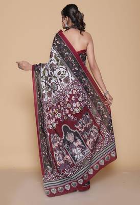 Kalamkari printed  cotton ethnic light grey saree for woman 2