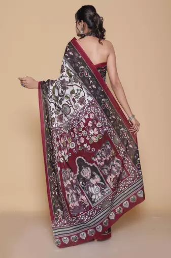 Kalamkari printed  cotton ethnic light grey saree for woman