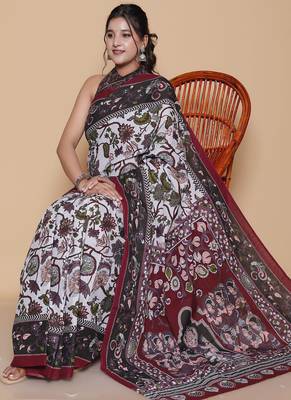 Kalamkari printed  cotton ethnic light grey saree for woman 4