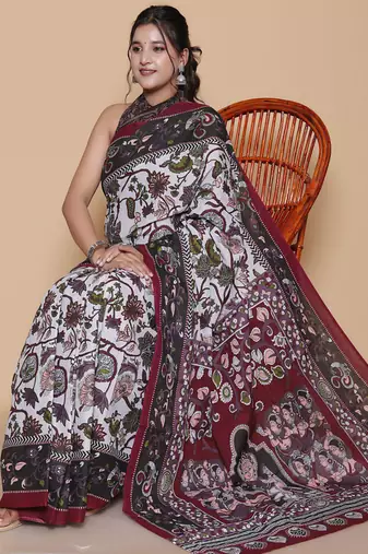 Kalamkari printed  cotton ethnic light grey saree for woman