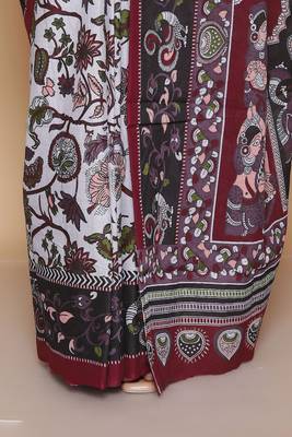 Kalamkari printed  cotton ethnic light grey saree for woman 5