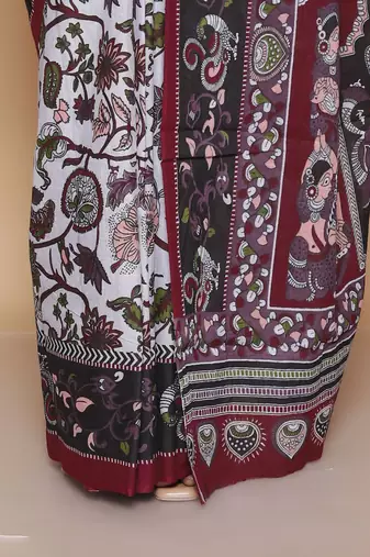 Kalamkari printed  cotton ethnic light grey saree for woman
