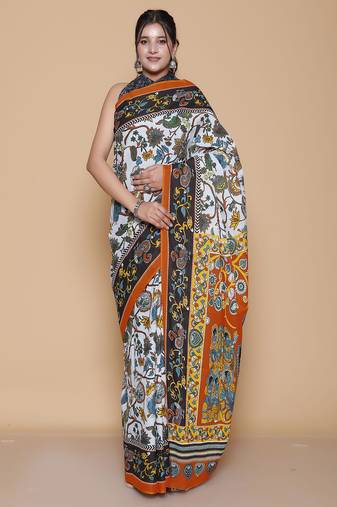 Kalamkari printed pure cotton ethnic light grey saree for woman