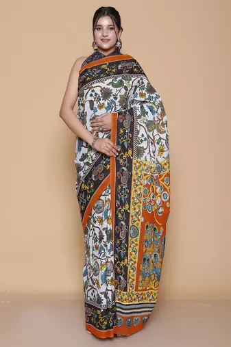 Kalamkari printed pure cotton ethnic light grey saree for woman