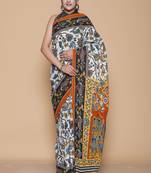 Kalamkari printed pure cotton ethnic light grey saree for woman