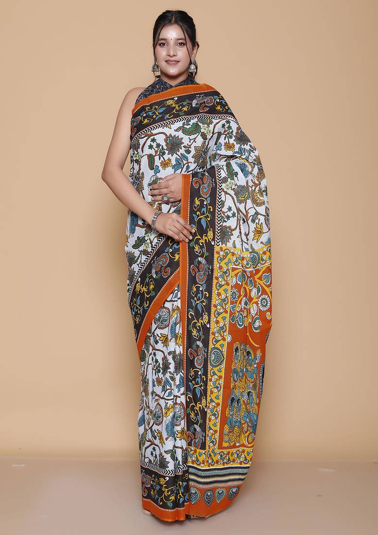 Kalamkari printed pure cotton ethnic light grey saree for woman