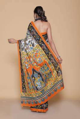 Kalamkari printed  cotton ethnic light grey saree for woman 2