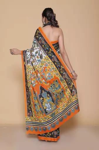 Kalamkari printed  cotton ethnic light grey saree for woman